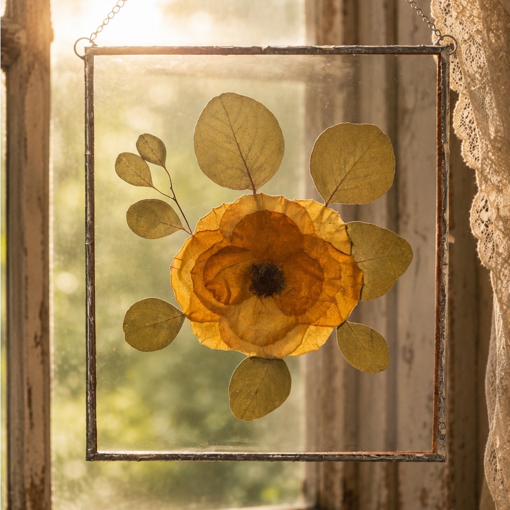 Pressed Yellow Flower Glass Hanging Art